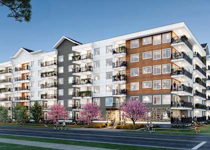 a rendering of an apartment building on a city street