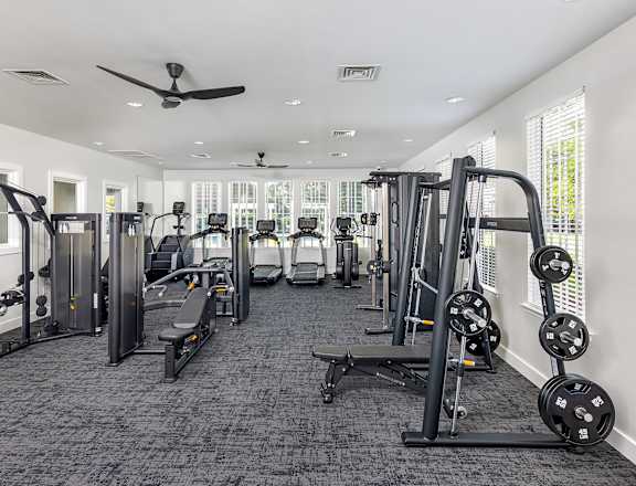 A spacious gym with a variety of equipment including treadmills, weights, and a bench.