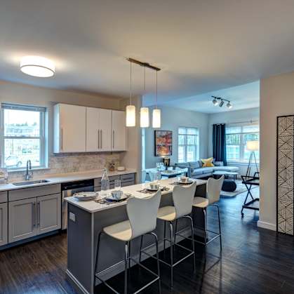 Kitchen with Island at The Elm at Island Creek Village, Duxbury