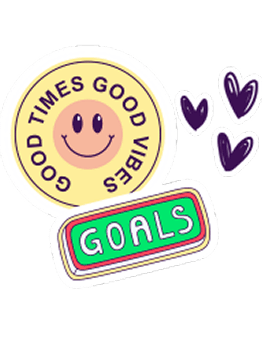A sticker with a smiley face and the words "Good Times Good Virus Goals" is surrounded by purple hearts.