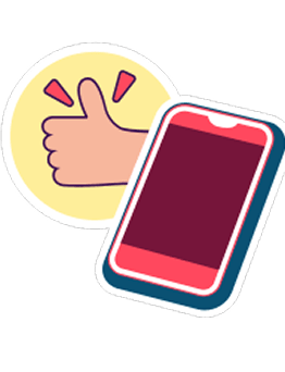 A thumbs-up sign and a smartphone are depicted.