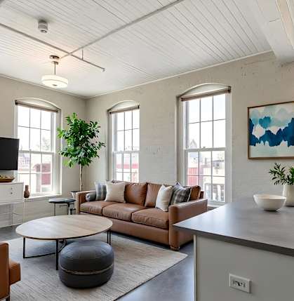 Living Area with Brown couch and cushions at Wheelhouse Lofts, Dayton