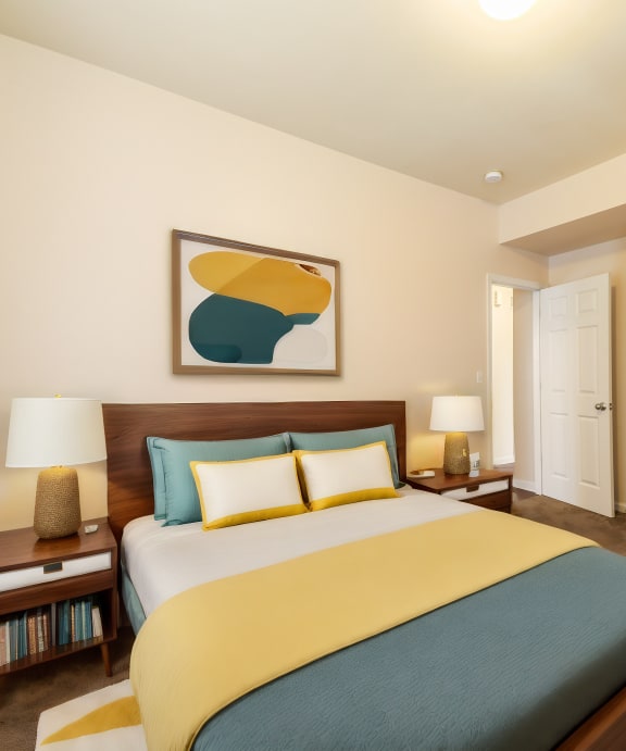 a bedroom with a bed and a closet