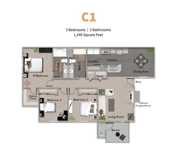 3 Bed 2 Bath 3x2 Floor Plan at Somerfield at Lakeside Apartments, Elk Grove, 95758