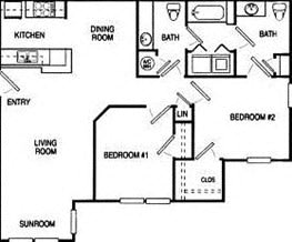 Floor Plan  2 Bedroom Floorplan for Timberlake Apartments, with 2 bathrooms, a kitchen, a dining room, a living room and a sunroom
