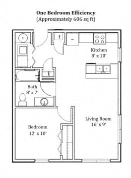 1 bed 1 bath 610 Sq.Ft. Efficiency Floor plan at Deer Valley Villas Apartments, Illinois