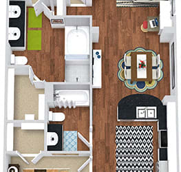 Woodland 3D 2 bedroom apartment. Kitchen with bartop open to living & dining rooms. 2 full bathrooms, double vanity and shower stall in master. Walk-in closet in both bedrooms. Patio/balcony.