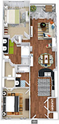 Woodland 3D 2 bedroom apartment. Kitchen with bartop open to living & dining rooms. 2 full bathrooms, double vanity and shower stall in master. Walk-in closet in both bedrooms. Patio/balcony.