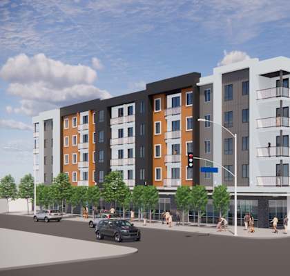 a rendering of a white and grey apartment building with awnings and trees in front of