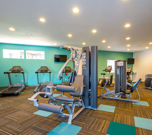 a gym with cardio equipment and weights in a wellness center at Skyview Apartments, Westminster