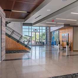 a staircase in a lobby of a building