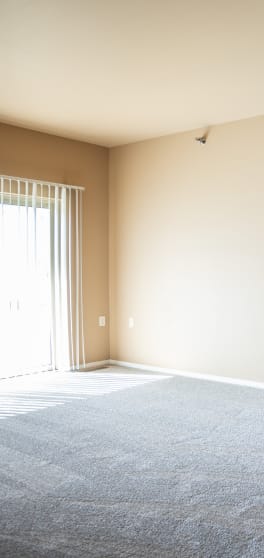 an empty living room with white carpet and a window