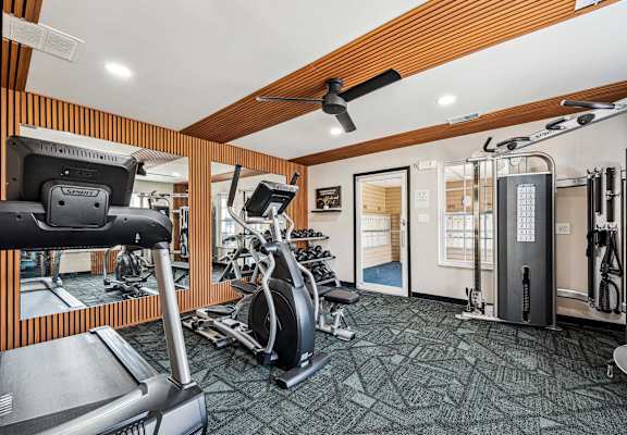 A gym with a variety of equipment including treadmills, weights, and a fan.