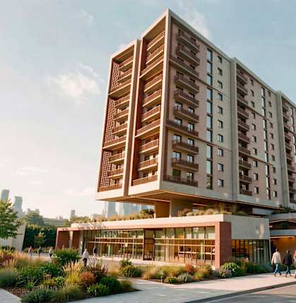 A modern multi-story building with a flat roof and a parking lot in front.