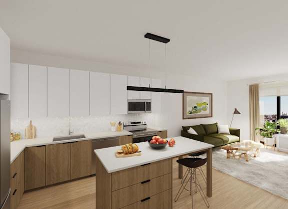 a rendering of a kitchen and living room in an apartment