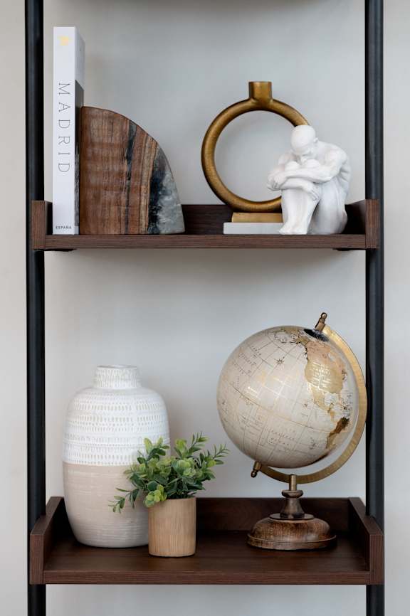 A shelf with a globe, a vase, a plant, and a book.