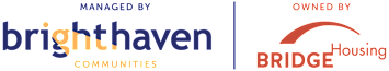 The image displays two logos with the text "Managed by brighthaven Communities" and "Owned by BRIDGE Housing".