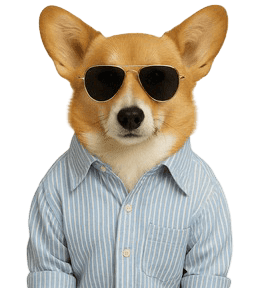 A dog wearing sunglasses and a shirt.
