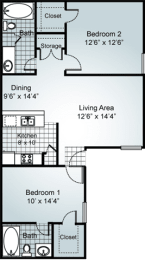 2 Bedroom 2 Bathroom Floorplan at Parks on the Green, Temple, 76504
