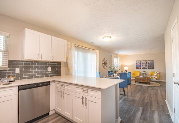 A kitchen with white cabinets and a stainless steel dishwasher.