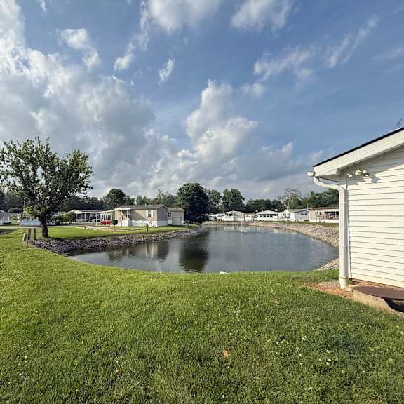 A residential neighborhood with trees, grass, and a scenic river view.