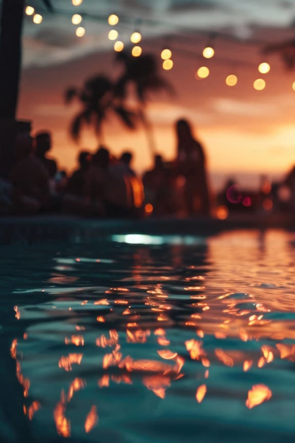 a group of people standing around a pool at sunset