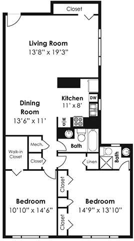 2 Bedroom 2 Bath 1063sf Floor Plan at Stevenson Lane Apartments, Towson, MD, 21204