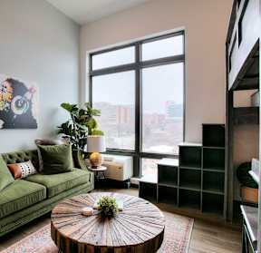 A living room with a green couch and a painting on the wall.