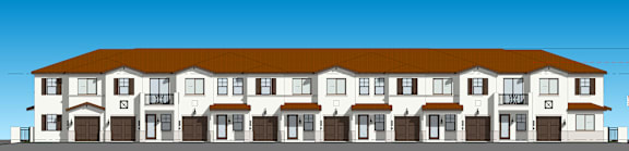 a 3d rendering of a white building with a brown roof