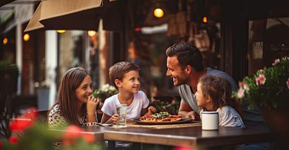 A family of four is sitting at a table in a restaurant.at Cottonwood Ranch, Arizona, 85122