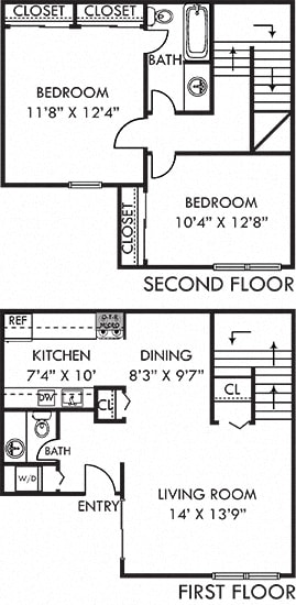 The Wintergreen Townhome Wintergreen 2 bedroom townhome apartment. 1st floor kitchen-dining-living-half bath. 2nd floor bedrooms 1 shared bath. large closets. in-unit laundry