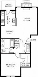 Belwood 1 bedroom apartment. Kitchen with bartop open to living & dinning rooms. 1 full bathroom, double vanity. Walk-in closet. Patio/balcony. Optional fireplace.