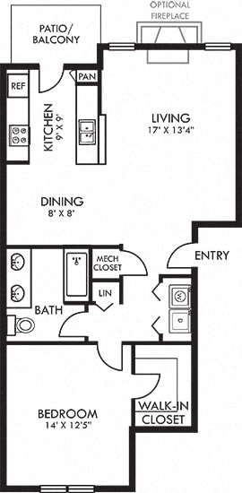 Belwood 1 bedroom apartment. Kitchen with bartop open to living &amp; dinning rooms. 1 full bathroom, double vanity. Walk-in closet. Patio/balcony. Optional fireplace.