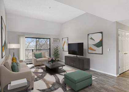 the living room of an apartment with couches and a tv