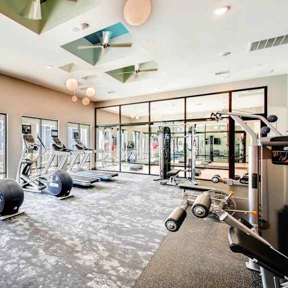 A gym with a variety of equipment including treadmills, stationary bikes, and weight machines.