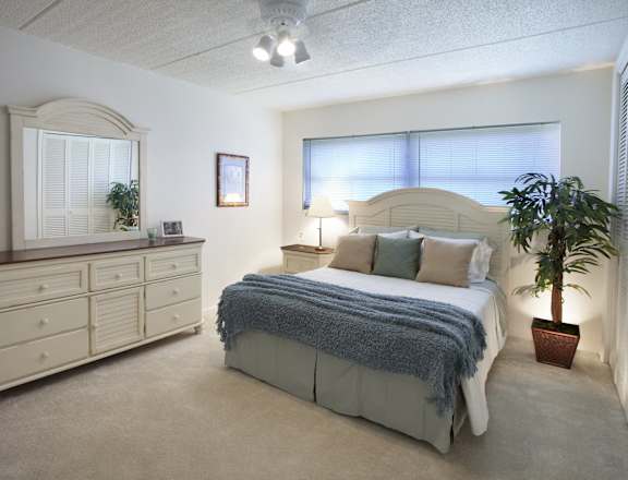 A bedroom with a bed, dresser, and mirror. at Imperial Gardens Apartments, Clearwater, FL, 33764