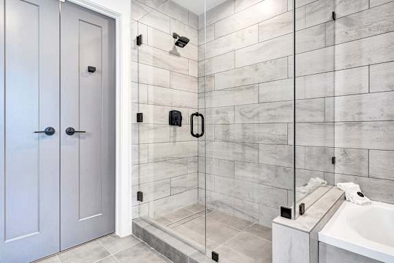 A bathroom with a walk-in shower and a white sink.