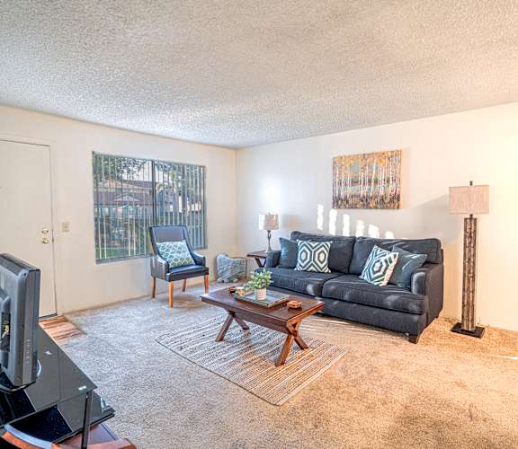 A living room with a grey couch and a wooden coffee table.