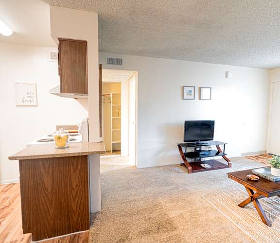 A living room with a couch, chair, and coffee table.