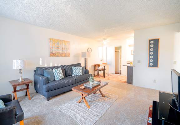 A living room with a grey couch and a wooden coffee table.