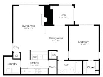 1BR 1BA (800sf) Floor Plan at The Courts at Fair Oaks, Virginia