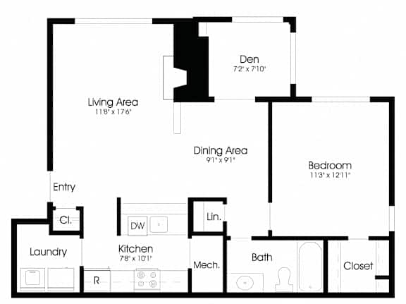 1BR 1BA (800sf) Floor Plan at The Courts at Fair Oaks, Virginia