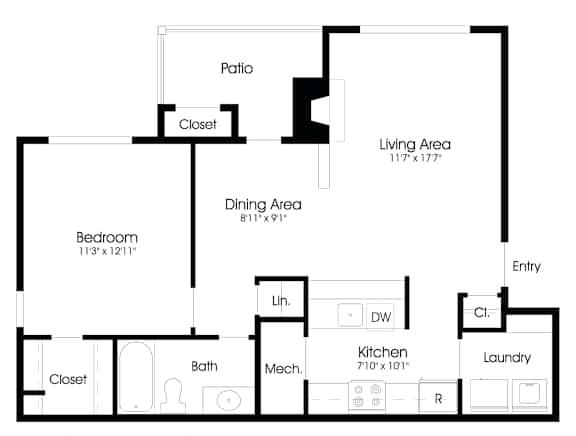 1BR 1BA (700sf) Floor Plan at The Courts at Fair Oaks, Fairfax