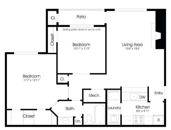 2BR 1BA (850sf) Floor Plan at The Courts at Fair Oaks, Virginia, 22030