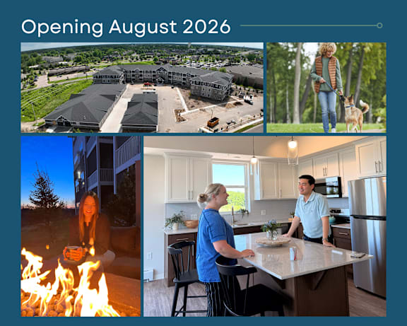 A collage of images showcasing a building project with an opening date of August 2026.