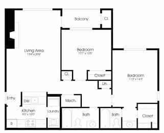 2BR 2BA (950sf) Floor Plan at The Courts at Fair Oaks, Fairfax, VA, 22030
