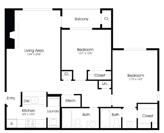 2BR 2BA (950sf) Floor Plan at The Courts at Fair Oaks, Fairfax, VA, 22030