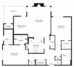 2BR 2BA (1100sf) Floor Plan at The Courts at Fair Oaks, Fairfax, VA