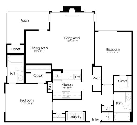 2BR 2BA (1100sf) Floor Plan at The Courts at Fair Oaks, Fairfax, VA