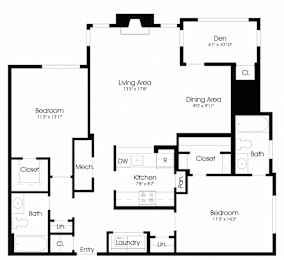 2BR 2BA (1200sf) Floor Plan at The Courts at Fair Oaks, Fairfax, 22030